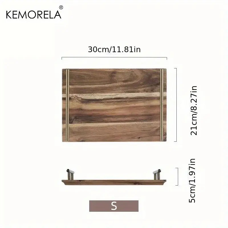 DecorBites Lovesickness wooden serving tray with natural wood grain finish and brass-colored metal handles for elegant serving