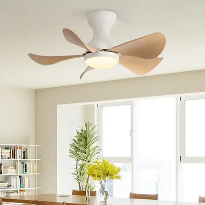 White ceiling fan with five light wood blades and central integrated bulb from decorbites low floor with remote control