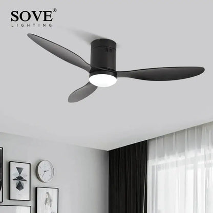 Black matte ceiling fan with integrated led light and remote control by sove lighting decorbites low floor model