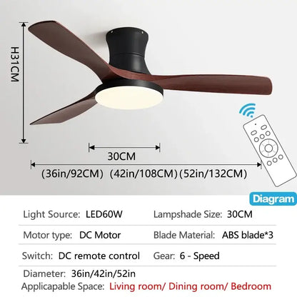 Black decorbites low profile ceiling fan with three dark brown abs blades and circular led light fixture with remote control