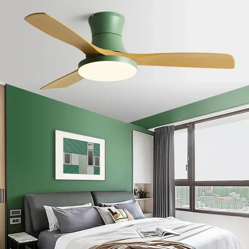 Green and wood-toned decorbites low profile ceiling fan with black ABS blades and remote control for modern decor