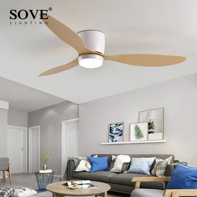 Sove lighting ceiling fan with three light wood blades and white housing in decorbites low profile ceiling fan with remote control