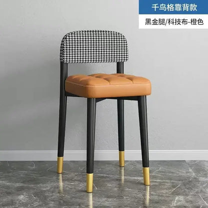 Decorbites low square stool bench with tan tufted leather seat black and white houndstooth backrest and gold capped legs