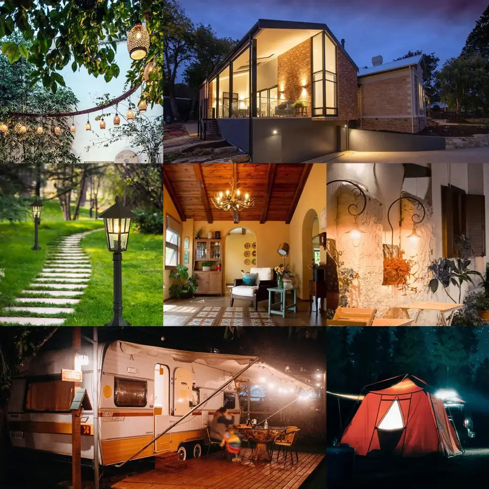 Collage of indoor and outdoor scenes illuminated by decorbites low voltage 12v 1w warm white led filament bulbs