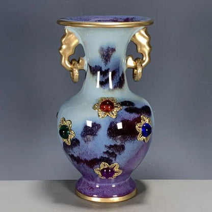 DecorBites Lu Qinzhai jun porcelain bottle ornaments with blue to purple gradient glaze and gem-inlaid floral design