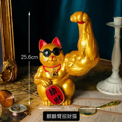 Golden decorbites lucky cat figurine with muscular arm flexing red plaque and black sunglasses for feng shui decor