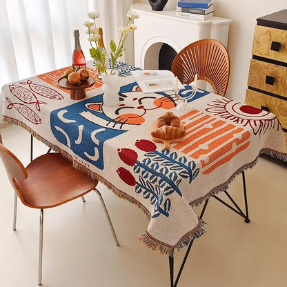 DecorBites™ lucky cat knitted blanket in cream with bold blue orange cat design and fringe edges for cozy decor