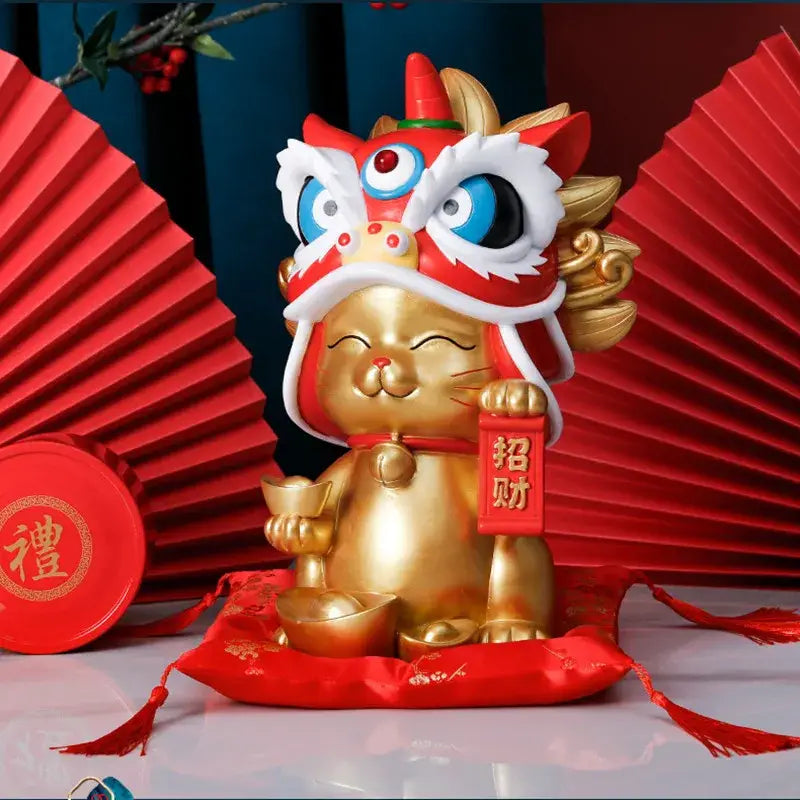 Golden resin decorbites lucky cat home decor wearing lion dance mask holding gold ingot and red scroll symbolizing wealth