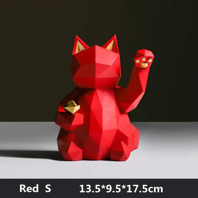 Red geometric-style DecorBites lucky cat resin statue with gold accents for modern Nordic home decor