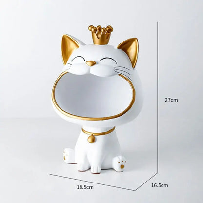 White ceramic decorbites lucky cat sculpture with gold crown ears collar trim for modern table decoration and storage box