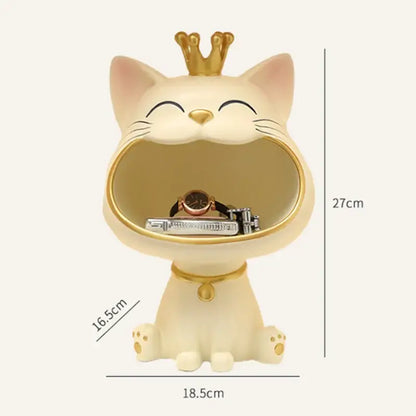 Cream-colored resin lucky cat sculpture with gold crown and collar designed as a decorative storage tray