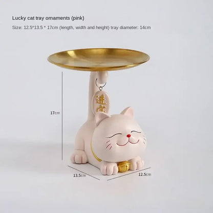 Pink decorbites lucky cat statue ornament with gold circular dish and small bell for home decor and storage