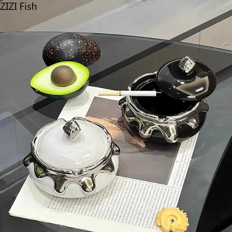 Black and white ceramic ashtrays with glossy silver drips and diamond metal lids from decorbites lucky ceramic ashtray collection