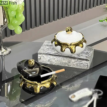 White and black ceramic ashtrays with gold drip detailing and lids by decorbites lucky ceramic ashtray for premium smoking accessories