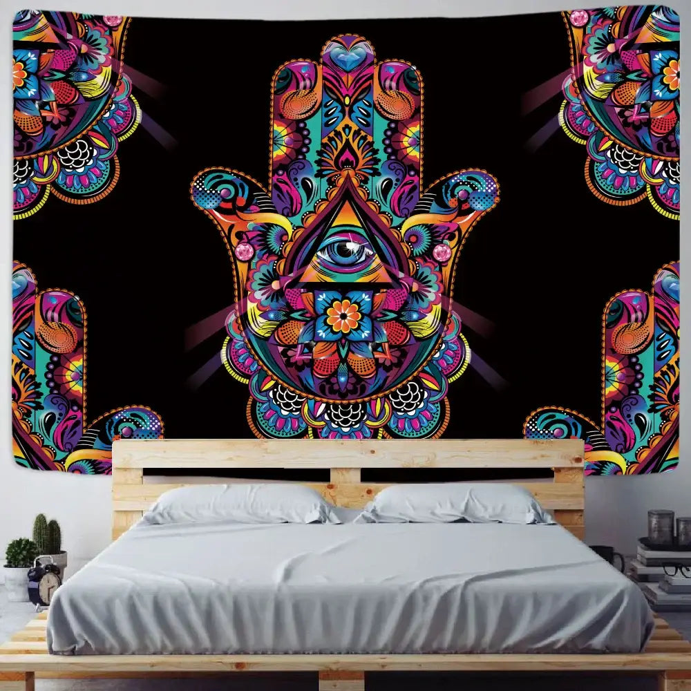 Decorbites lucky hand vibrant psychedelic hand mandala tapestry with intricate mandala patterns and all-seeing eye design