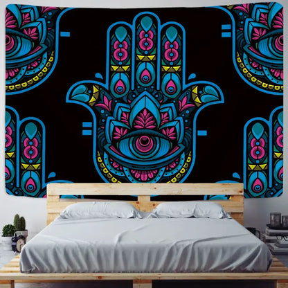 DecorBites™ lucky hand mandala tapestry wall hanging with vibrant neon blue and pink hamsa design on black background