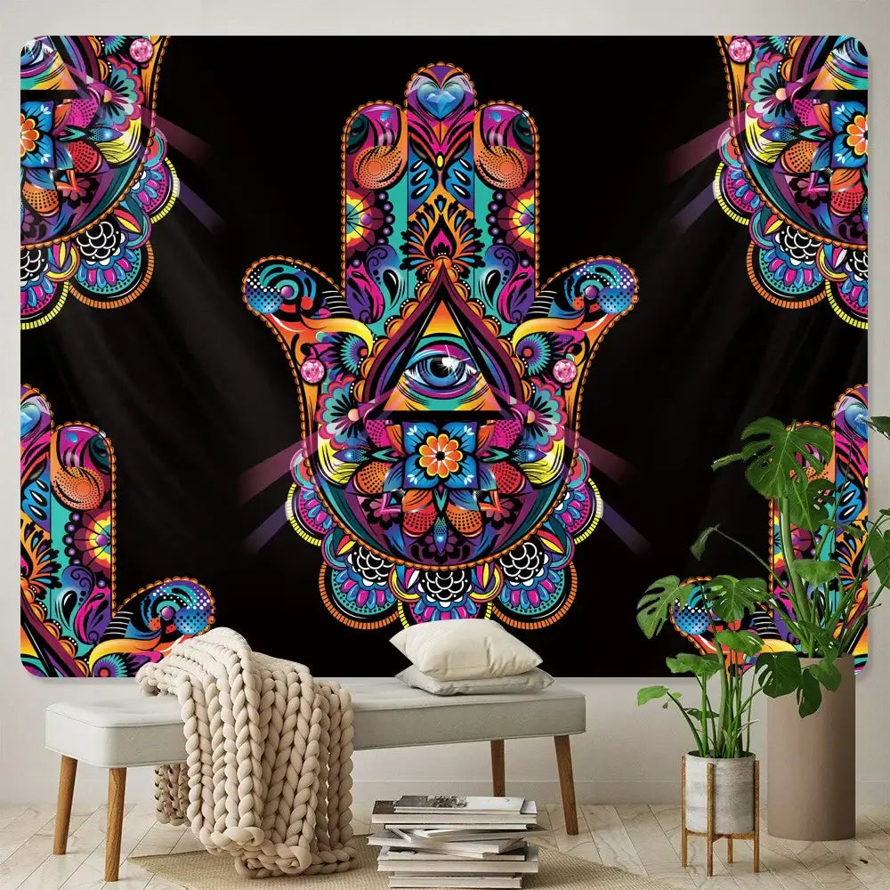 Vibrant psychedelic decorbites lucky hand mandala tapestry with intricate mandala patterns and central all-seeing eye design