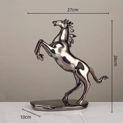 Shiny silver metallic decorbites lucky horse resin sculpture with sleek reflective surface and detailed mane and tail