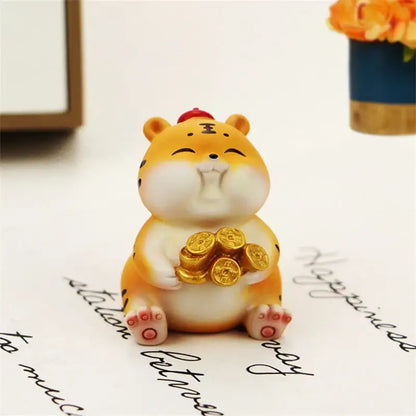 Cute orange and white lucky tiger figurine with black stripes holding golden coins for New Year home decor