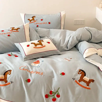 Light blue DecorBites Lucky Trojan cotton embroidered bedding set with wooden rocking horse and cherry motifs on duvet cover