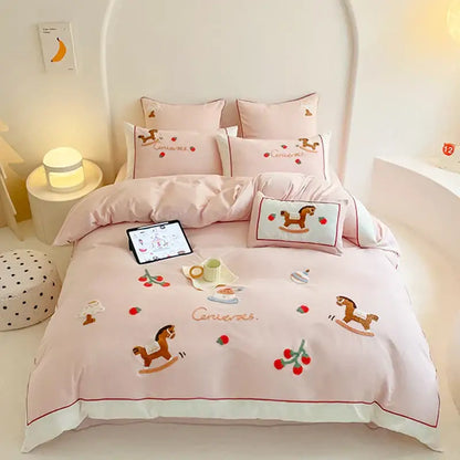 Pink decorbites lucky trojan cotton embroidered bedding set with wooden rocking horse and cherry motifs duvet cover