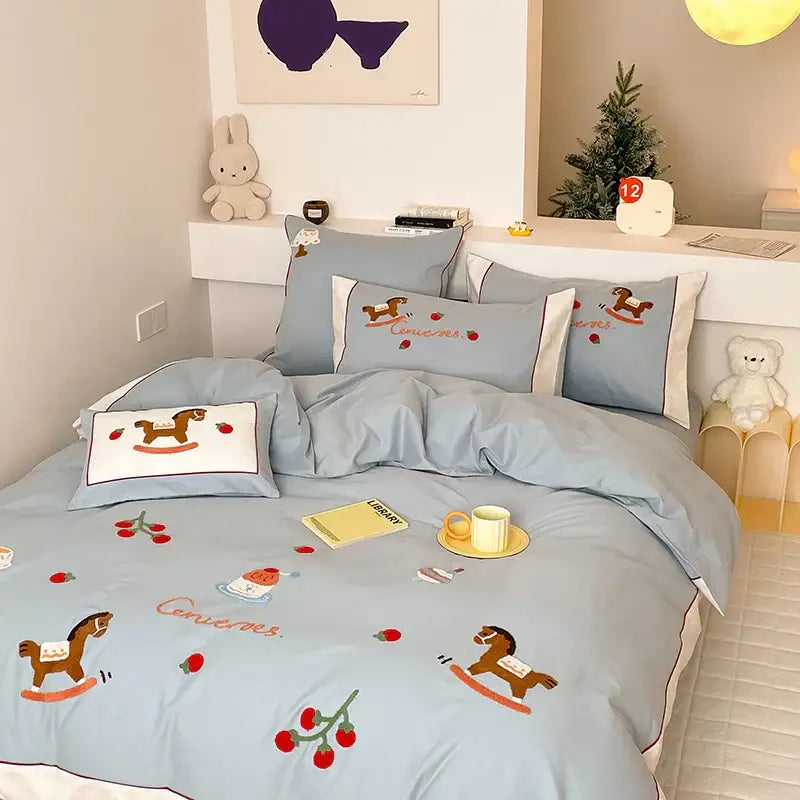 Light blue cotton decorbites lucky trojan bedding set with embroidered rocking horse and cherry duvet cover design