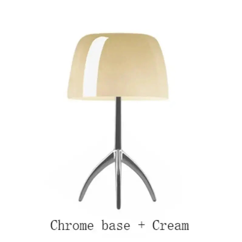 Cream-colored glossy lampshade on chrome tripod base decorbites lumiere glass table lamp for bedroom and living room use