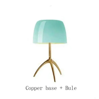 DecorBites Lumiere glass table lamp with translucent teal glass shade and polished copper tripod base for modern decor