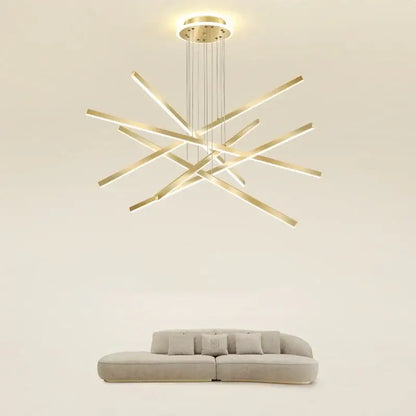 Modern gold-toned aluminum DecorBites luminous ceiling plate chandelier with sleek LED light bars for living room dining table