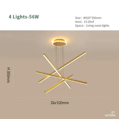 Modern gold-toned aluminum decorbites luminous ceiling plate chandelier with four intersecting LED light bars for living room