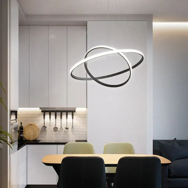 Modern black and white DecorBites Luminous Circle pendant light with intertwined circular rings LED chandelier design