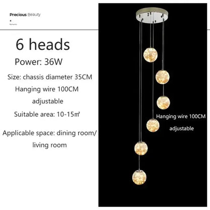 Six-head decorbites luminous glass pendant chandelier with spherical glass ball lights and chrome adjustable wires for living room lighting
