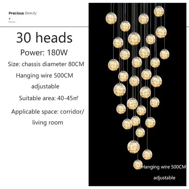 Golden spherical decorbites luminous glass ball pendant chandelier with 30 illuminated orbs for living dining room decor