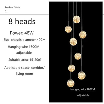 Decorbites luminous glass eight-head modern pendant light with warm golden spherical glass balls for living room decor