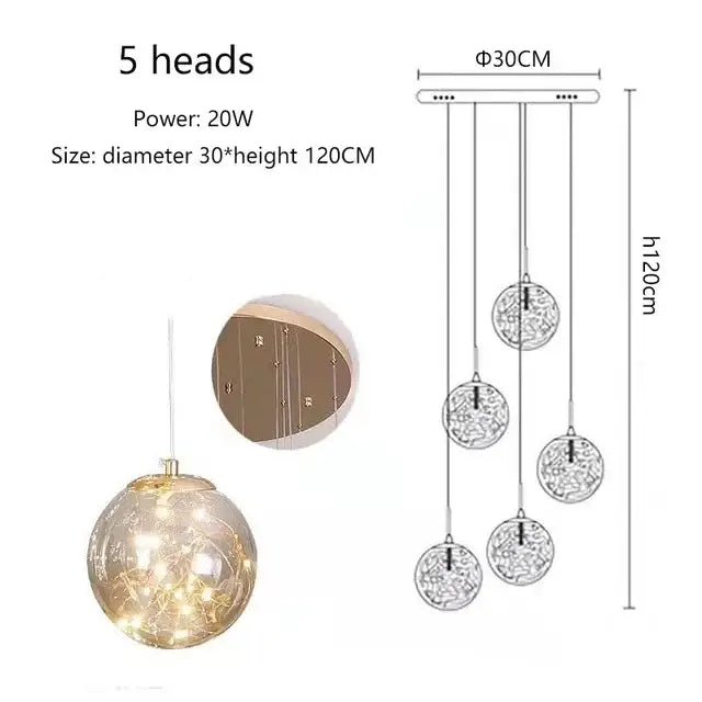 Modern five-head DecorBites luminous glass ball pendant chandelier with sleek metallic finish and warm LED lighting for living room decor