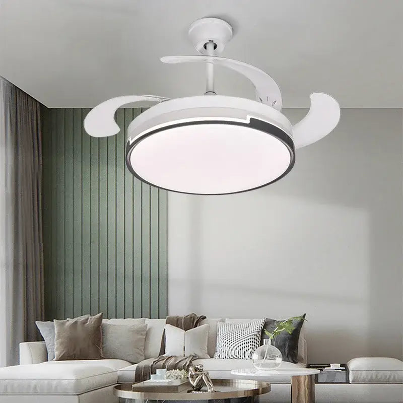 White decorbites luminous led fandelier fan with integrated circular light and curved retractable blades remote control