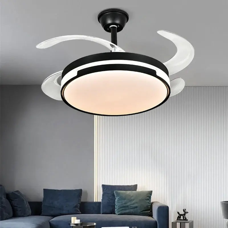 Modern black and white decorbites luminous led fandelier fan with sleek curved retractable blades and integrated lighting