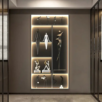 Modern minimalist decorbites luminous wall mural with black white and gold abstract sculptures on illuminated shelves
