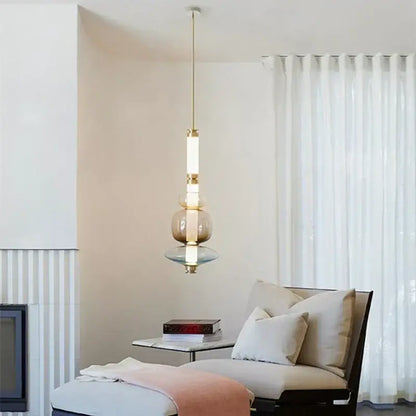 Decorbites luna glass tube chandelier with amber and clear glass orbs on gold chain for kitchen dining staircase lighting