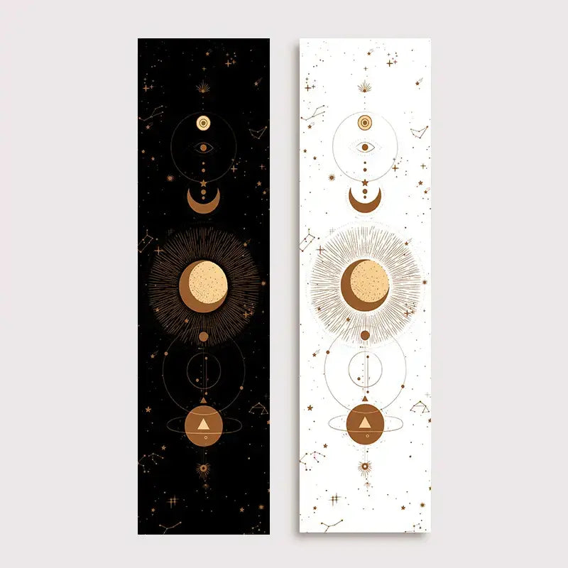 Two vertical decorbites lunar eclipse bookmarks in black and white with gold celestial motifs and lunar eclipse moon designs
