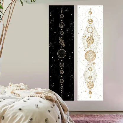 Two vertical decorbites lunar eclipse wall decals with celestial gold planets and stars on black and white backgrounds