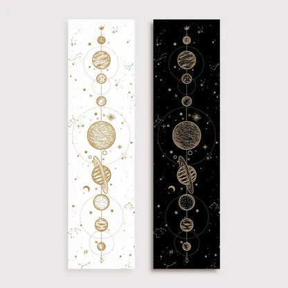 Two vertical decorbites lunar eclipse bookmarks with gold planets and stars on white and black backgrounds