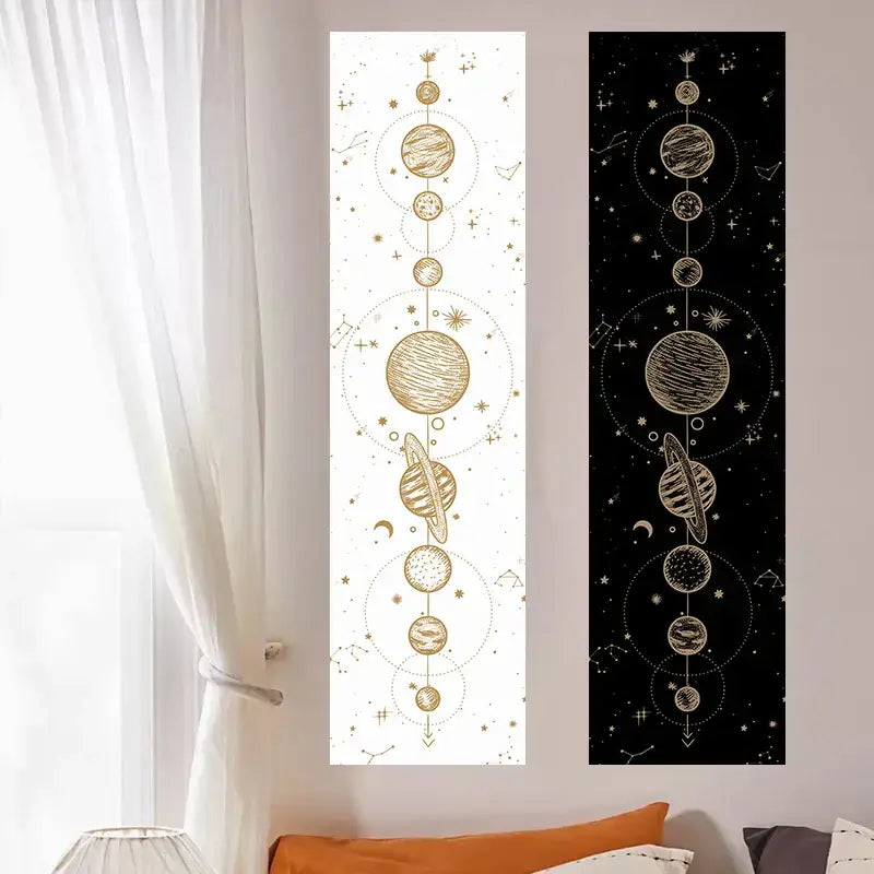 Two vertical decorbites lunar eclipse celestial wall decals in white and black with gold lunar eclipse moon designs