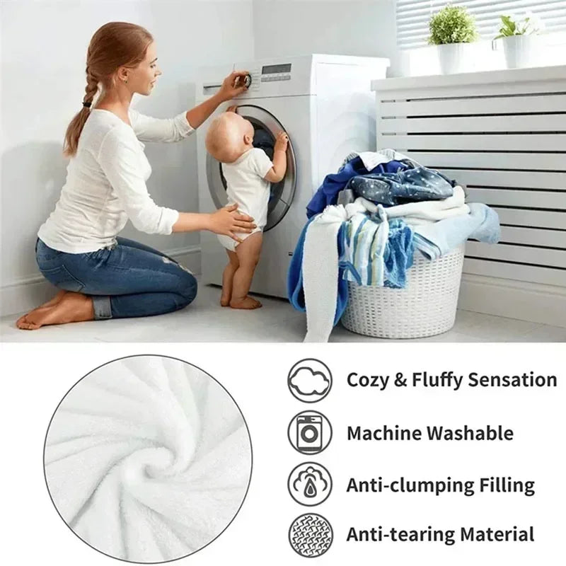 Fluffy white luxe faux rabbit weighted blanket with machine washable anti clumping filling and anti tearing material
