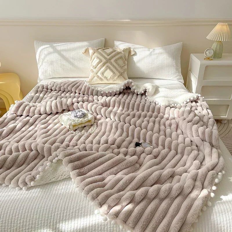 Beige luxe faux rabbit weighted blanket with pom-poms and wave pattern from decorbites for cozy autumn winter warmth
