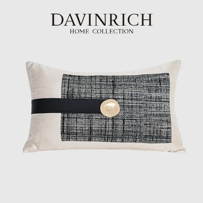 Davinrich cream textured rectangular cushion cover with black woven panel and pearl button from decorbites luxe flannelette leather collection