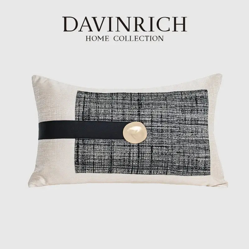 Davinrich cream textured rectangular cushion cover with black woven panel and pearl button from decorbites luxe flannelette leather collection