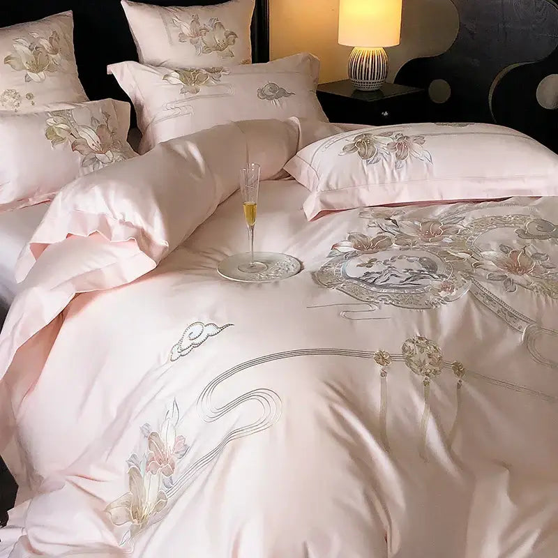 Pink satin bedding set with intricate gold and silver floral embroidery decorbites luxe floral bird 1000tc cotton