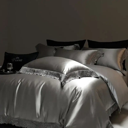Silver satin duvet cover with delicate lace trim from decorbites luxe french lace bedding set in silky lyocell cotton
