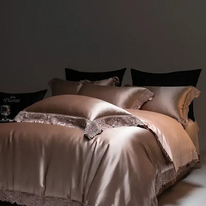 Rose gold satin bedding set with delicate lace trim by decorbites luxe french lace in silky lyocell cotton